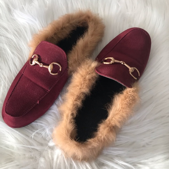 Burgundy suede slip on loafers rabbit fur trim - Picture 2 of 4